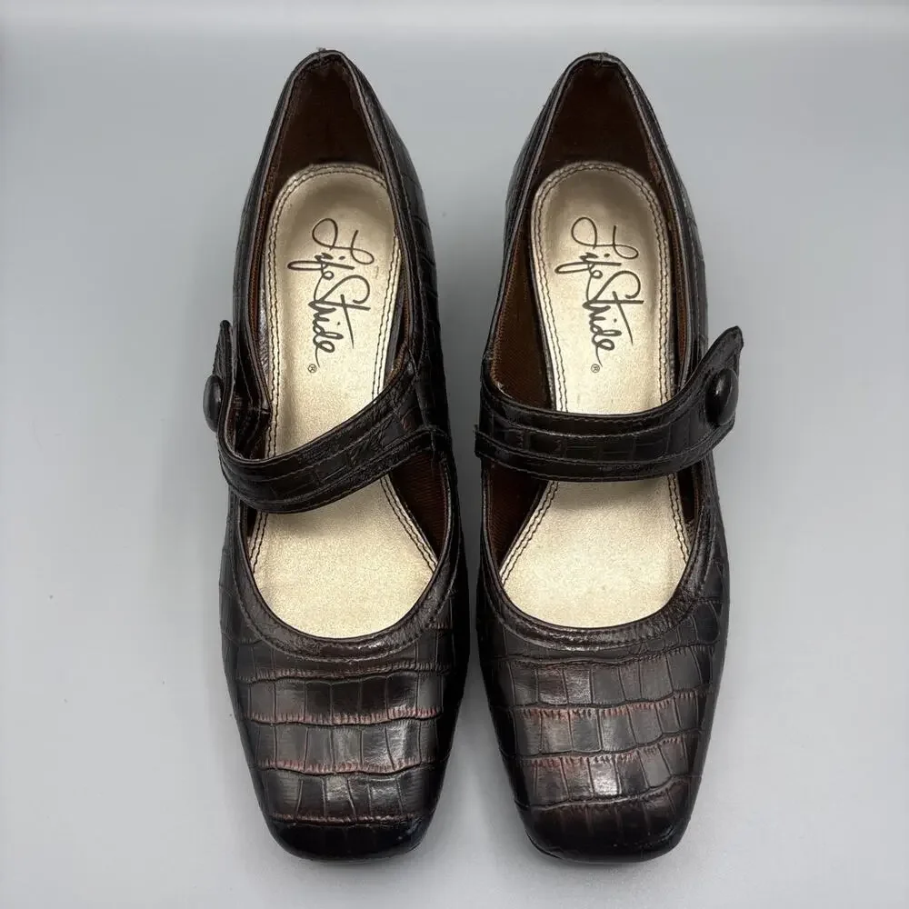 Lifestride Heels Size 8 Brown Mary Jane Square Toe Dark Academia Twee Crocodile